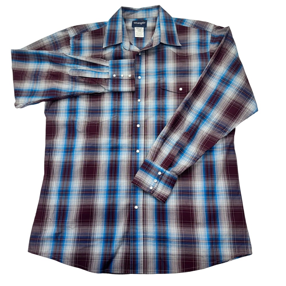 Wrangler Mens Blue Burgundy Plaid Western Snap Shirt Long Sleeve XLT MWR173M